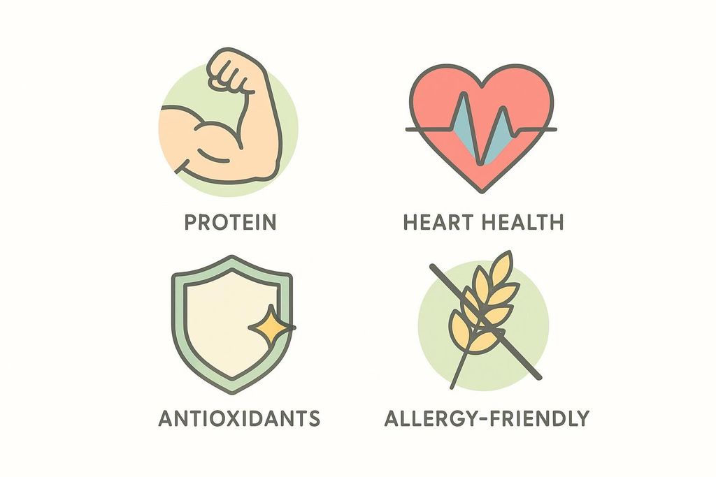 A grid of four icons representing the benefits of chickpea protein. From top left, clockwise: a flexing bicep for 'Protein', a heart with a pulse line for 'Heart Health', a crossed-out wheat stalk for 'Allergy-Friendly', and a shield with a sparkle for 'Antioxidants'.