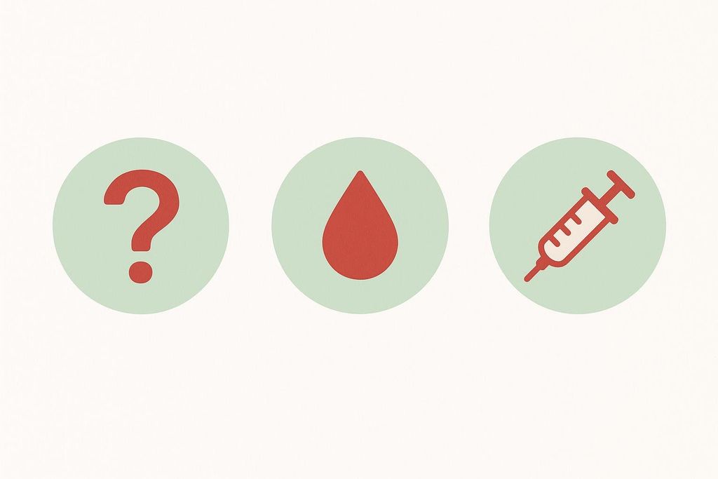 Icons on a white background, from left to right: a red question mark in a green circle, a red blood drop in a green circle (representing PRP), and a red outlinesh of a syringe in a green circle (representing Corticosteroids). The images compare different medical treatments visually.