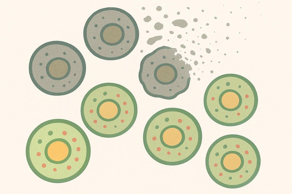 Illustration showing dull, grey 'zombie cells' being removed from a group of healthy, vibrant green cells. One zombie cell is actively disintegrating into small grey particles.