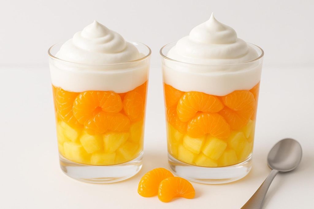 Two layered fruit parfaits in clear glasses, mimicking candy corn with pineapple chunks at the bottom, mandarin orange segments in the middle, and a swirl of white yogurt or cream on top. Two loose mandarin orange segments and a spoon are visible in the foreground.