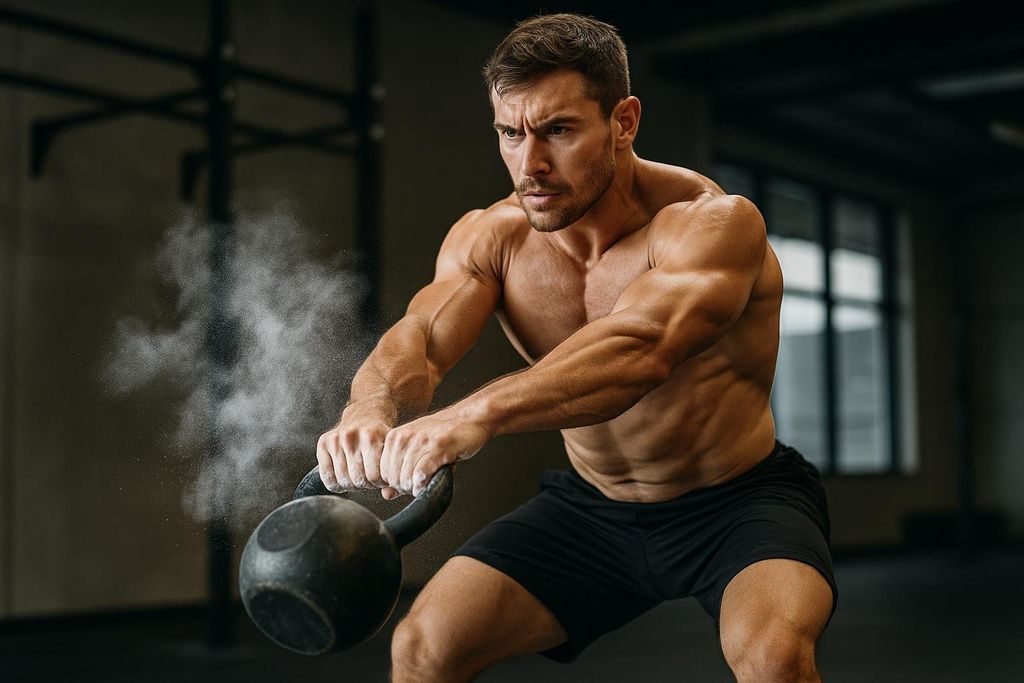 A muscular, shirtless man with a focused expression performing a powerful kettlebell swing in a gym, with chalk dust rising around the kettlebell.