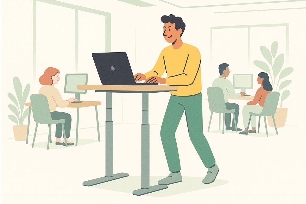 An illustration showing an office worker using a standing desk, demonstrating a NEAT (Non-Exercise Activity Thermogenesis) hack for daily movement. Other workers are seated at desks in the background.