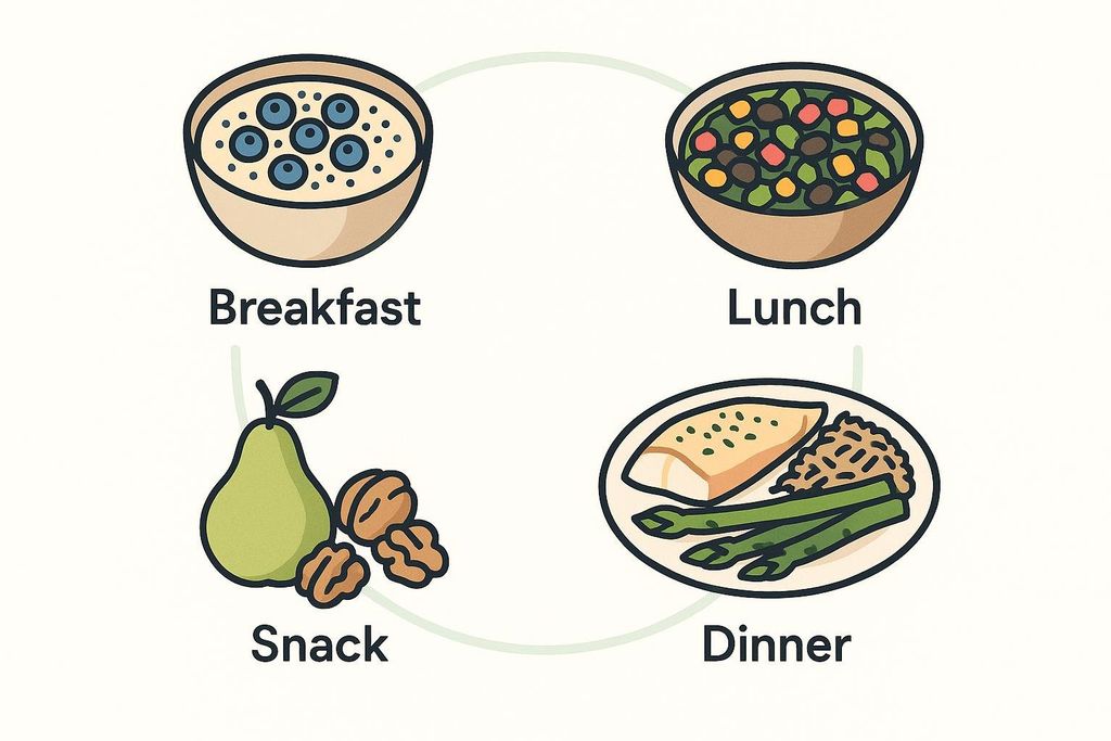 Illustrations representing a meal plan, arranged in a circle. They are, clockwise from top left: a bowl of oatmeal with blueberries labeled 'Breakfast', a bowl of salad labeled 'Lunch', a plate with fish, asparagus, and a grain labeled 'Dinner', and a pear with walnuts labeled 'Snack'.