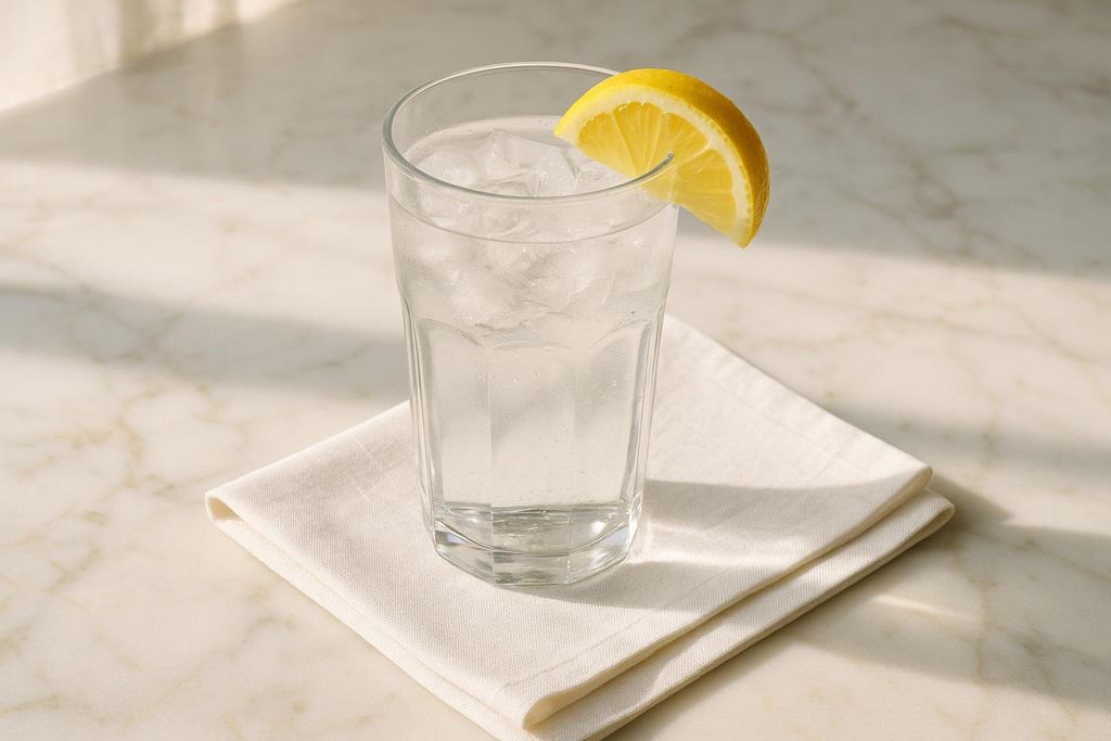 A clear glass filled with ice water and a lemon slice on the rim, resting on a folded white napkin on a marble countertop. Sunlight creates shadows on the surface.
