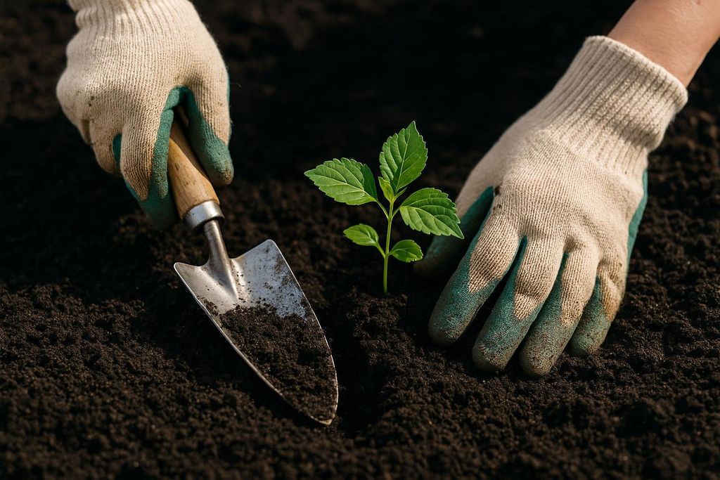 Close-up of gloved hands planting a small green seedling in dark soil with a trowel.