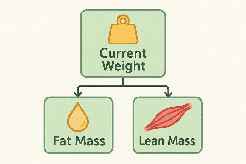 A simple flowchart illustrating that a person's current body weight is composed of two main components: fat mass and lean mass. The chart shows 'Current Weight' at the top, a fat droplet icon for 'Fat Mass' on the left, and a muscle icon for 'Lean Mass' on the right, with arrows connecting 'Current Weight' to both 'Fat Mass' and 'Lean Mass'.