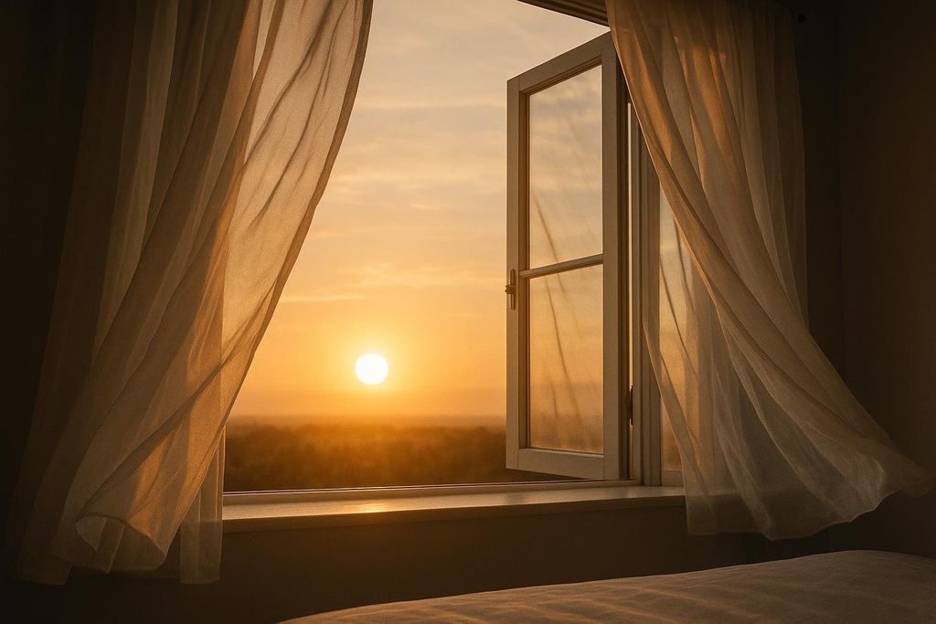 A vibrant morning sunrise glows through an open window, with sheer white curtains gently framing the view. The sun's bright disc is visible above a soft, hazy horizon, casting warm, golden light into the room.