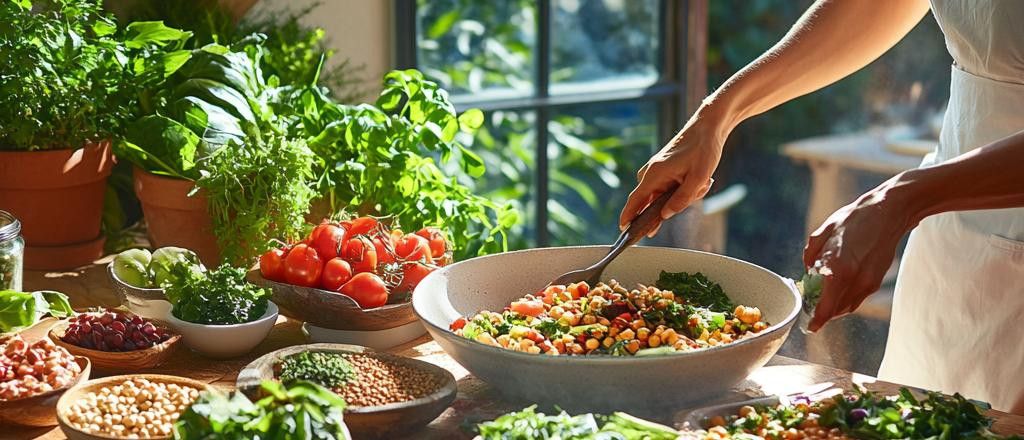 A person's hands are shown mixing ingredients in a large bowl of chickpea salad with a spoon. Surrounding the bowl are other bowls filled with various ingredients like chickpeas, herbs, and tomatoes. Sunlight streams from a window behind the workspace.