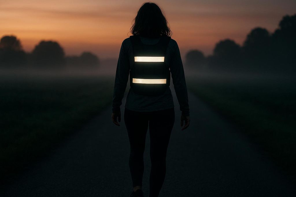 Reflective strips on a woman's weighted vest shine brightly during a walk at dawn, showing a key safety feature.