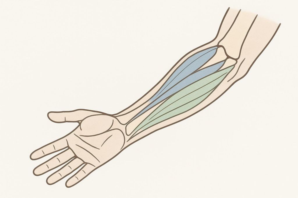 Anatomy illustration of the forearm, showing the flexor muscle group in green and the extensor muscle group in blue.
