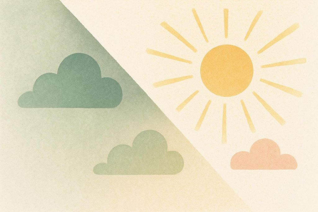 An abstract illustration of a sky divided diagonally. One half shows a bright yellow sun with radiating rays on a light cream background, accompanied by a small peach-colored cloud. The other half features two teal-green clouds on a light green background, symbolizing shade.