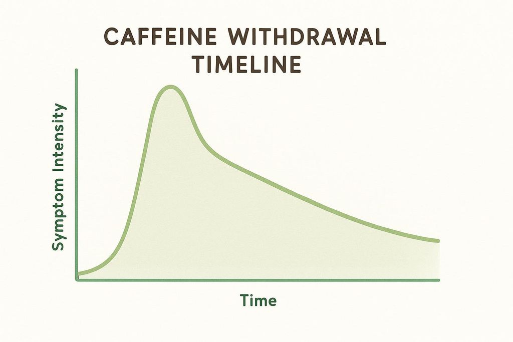 A conceptual line graph titled 'CAFFEINE WITHDRAWAL TIMELINE'. The y-axis is labeled 'Symptom Intensity' and the x-axis is labeled 'Time'. A shaded green area graph shows symptom intensity starting low, peaking significantly early on the timeline, and then gradually diminishing over time.