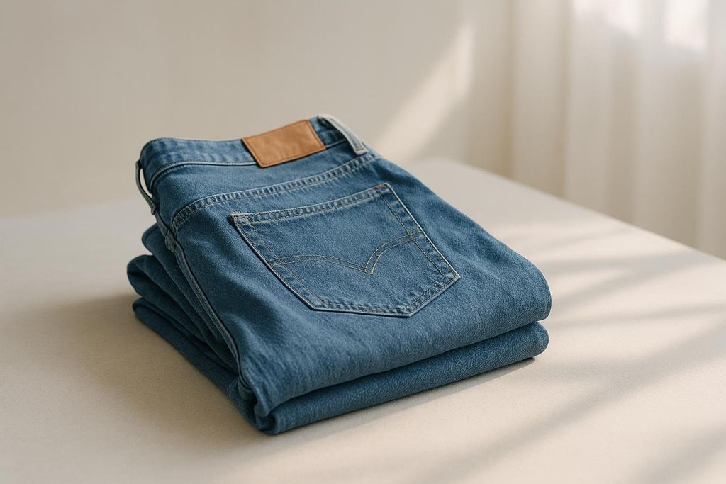 A pair of blue jeans neatly folded on a light-colored table. Sunlight streams in from the right, casting shadows.