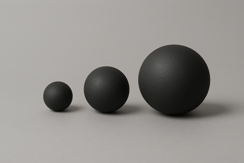 Three black massage balls of small, medium, and large sizes are lined up side-by-side on a gray surface, clearly showing their size differences.