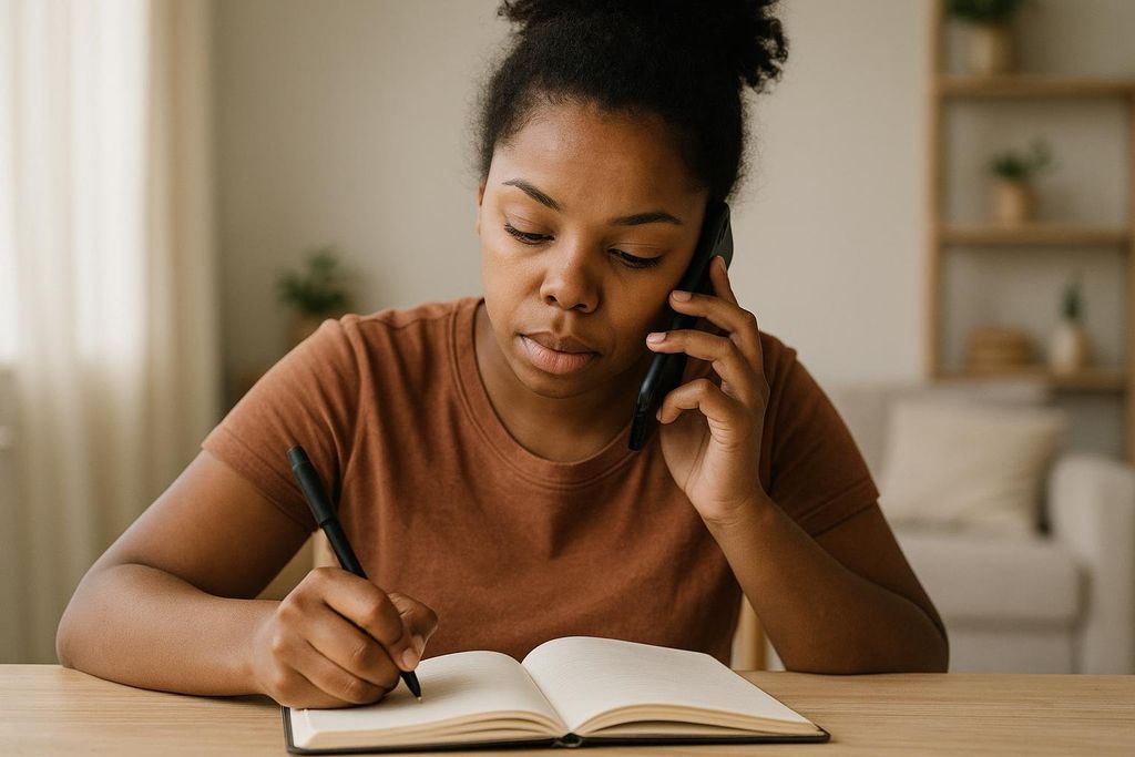 Person calling insurance company and taking notes