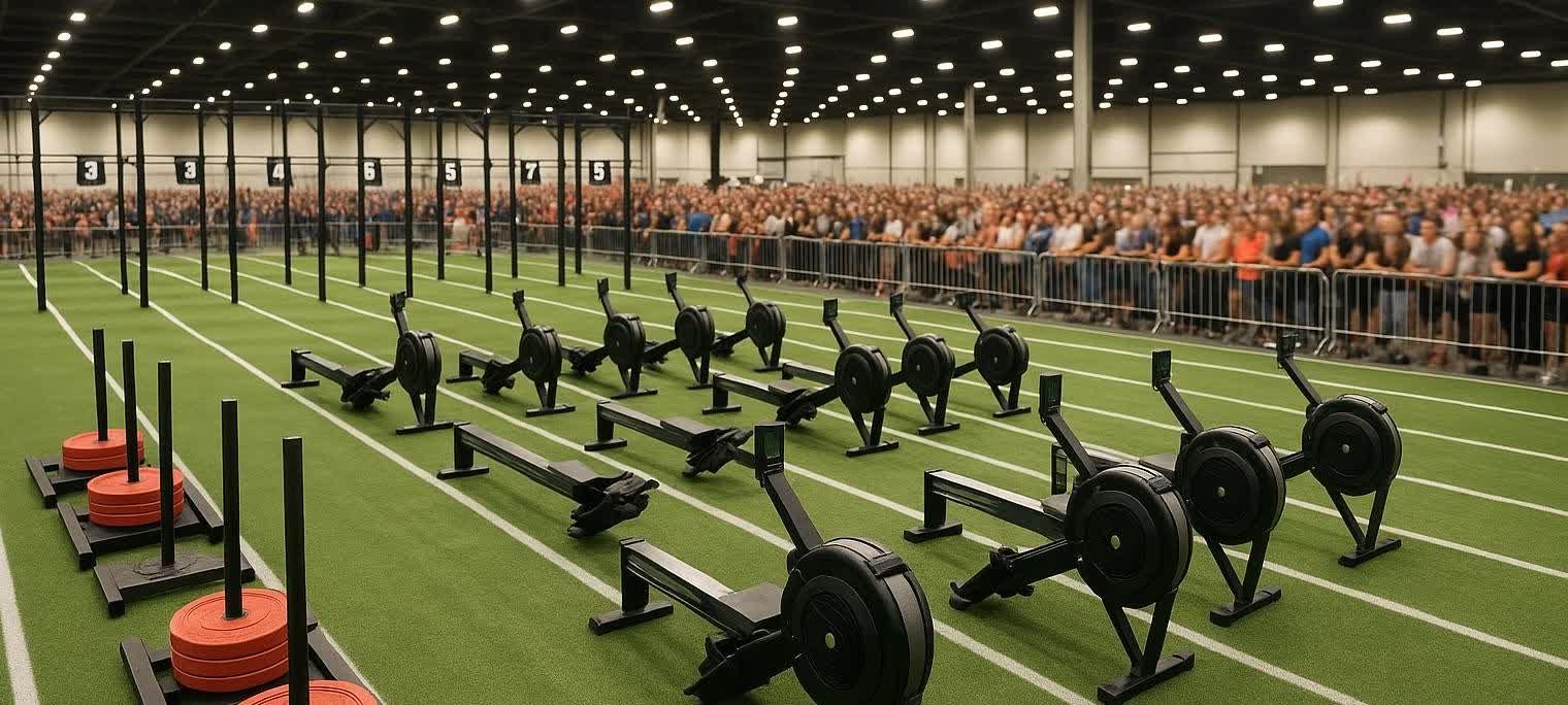 A wide view of an indoor fitness race arena on green turf, featuring rows of black rowing machines and weight sleds. A large, blurred crowd watches from behind a barrier in the background.