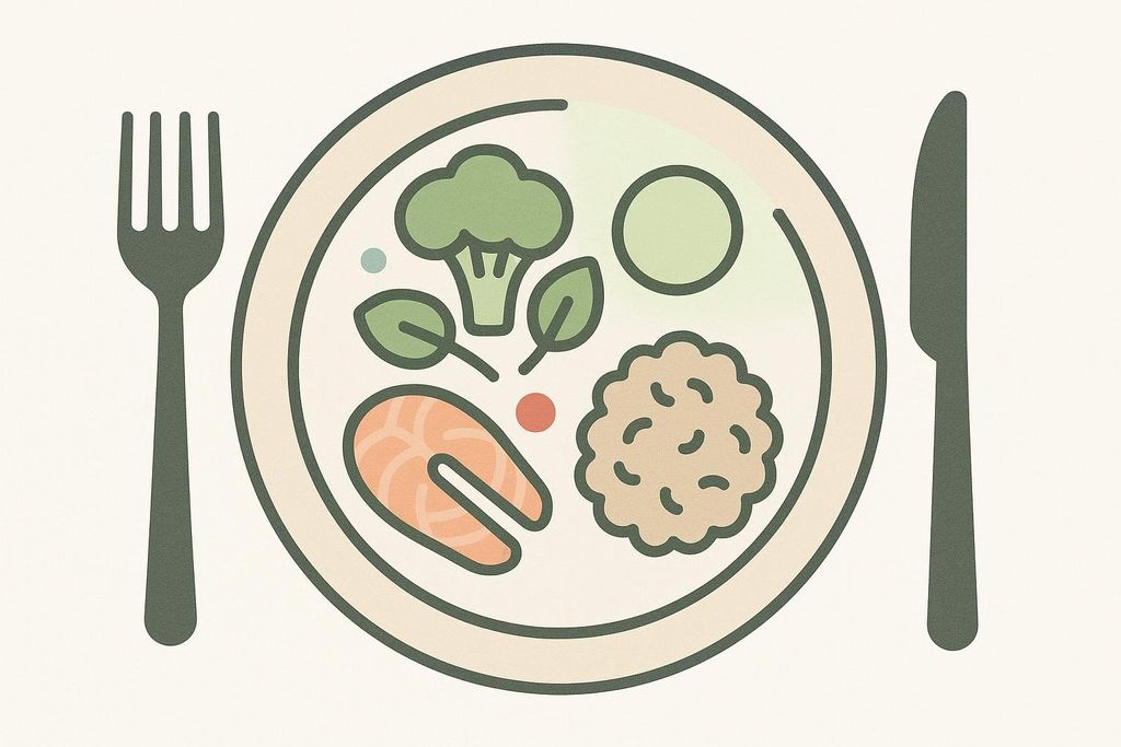 Illustration of a plate with a salmon filet, rice, broccoli, and greens.