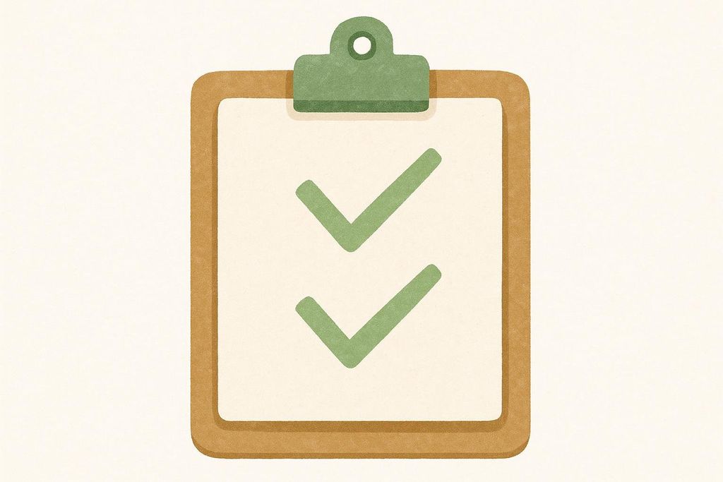 A stylized illustration of a clipboard with a brown board and a green clip, holding a piece of white paper with two large green checkmarks on it, indicating completed tasks or approval.