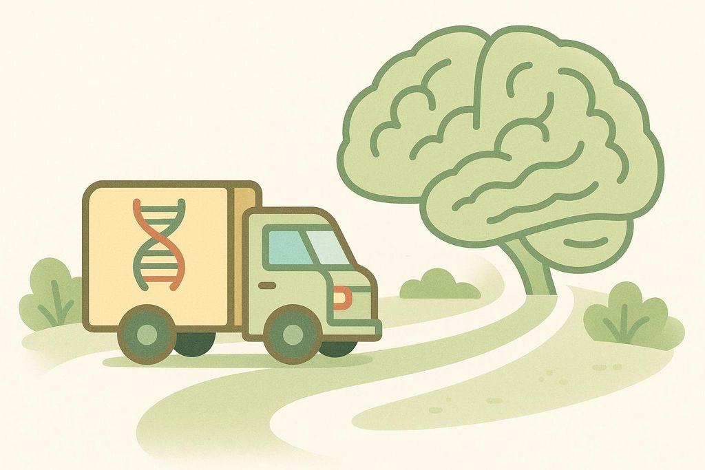 Illustration of a delivery truck with a DNA double helix on its side, following a road to a stylized green brain, representing gene therapy delivery.