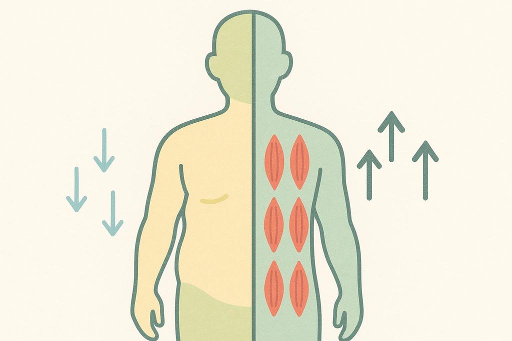 An illustration showing a human torso split down the middle. The left side is light yellow-green with downward arrows, representing fat loss. The right side is light blue-green with red muscle shapes and upward arrows, representing muscle gain. This visualizes body recomposition where fat loss and muscle gain occur simultaneously.