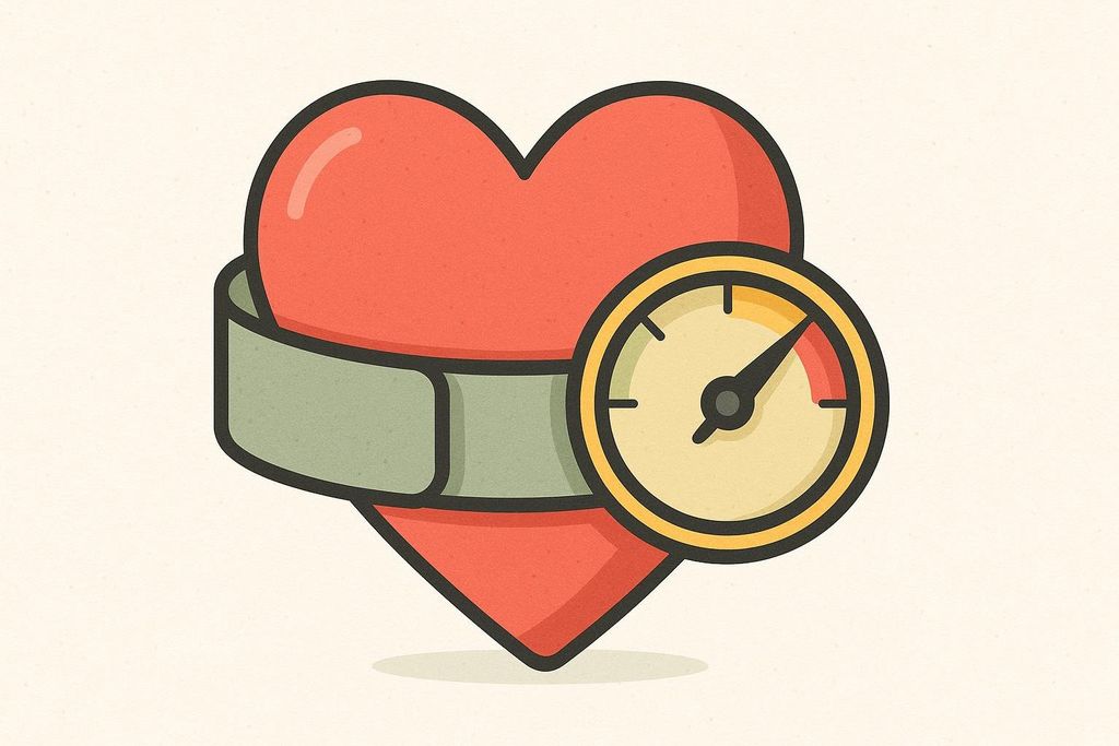 An illustration of a heart with a green band wrapped around it, tightening around the middle, and a pressure gauge attached to the band on the right side. The gauge's needle points to the red, indicating high pressure. This symbolizes the strain of hypertension and cardiovascular issues.