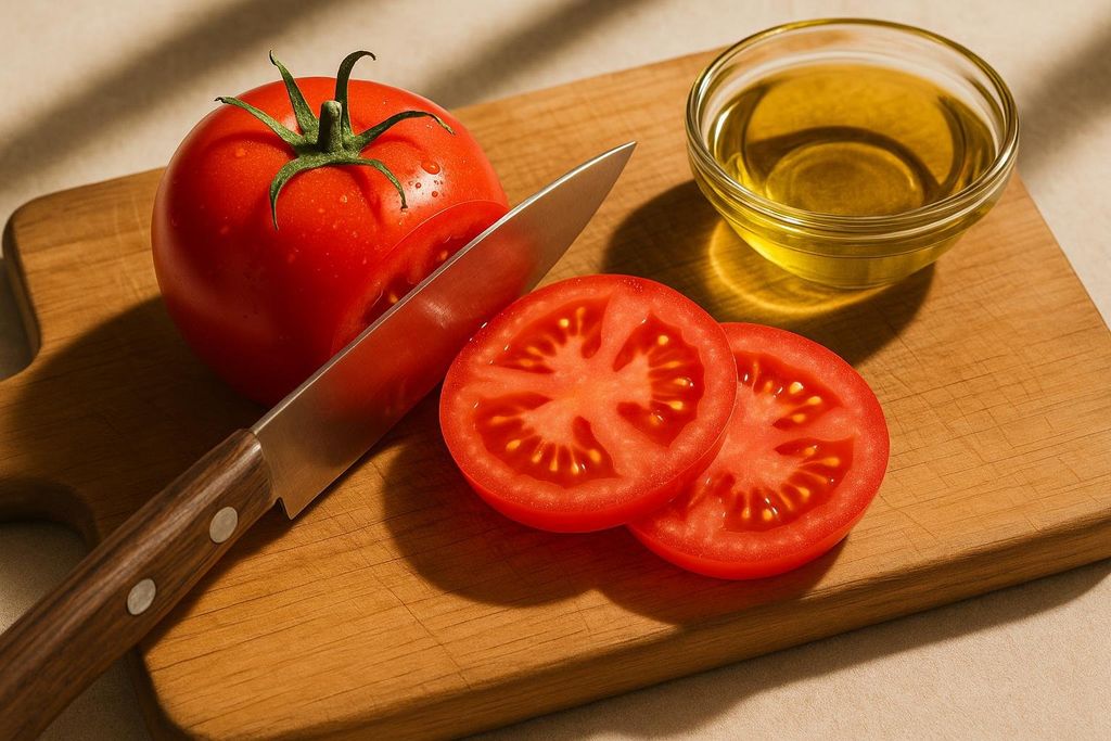 A close-up of a red tomato being sliced on a wooden cutting board with a knife. Two slices are already cut, and a small bowl of golden olive oil is visible in the background.