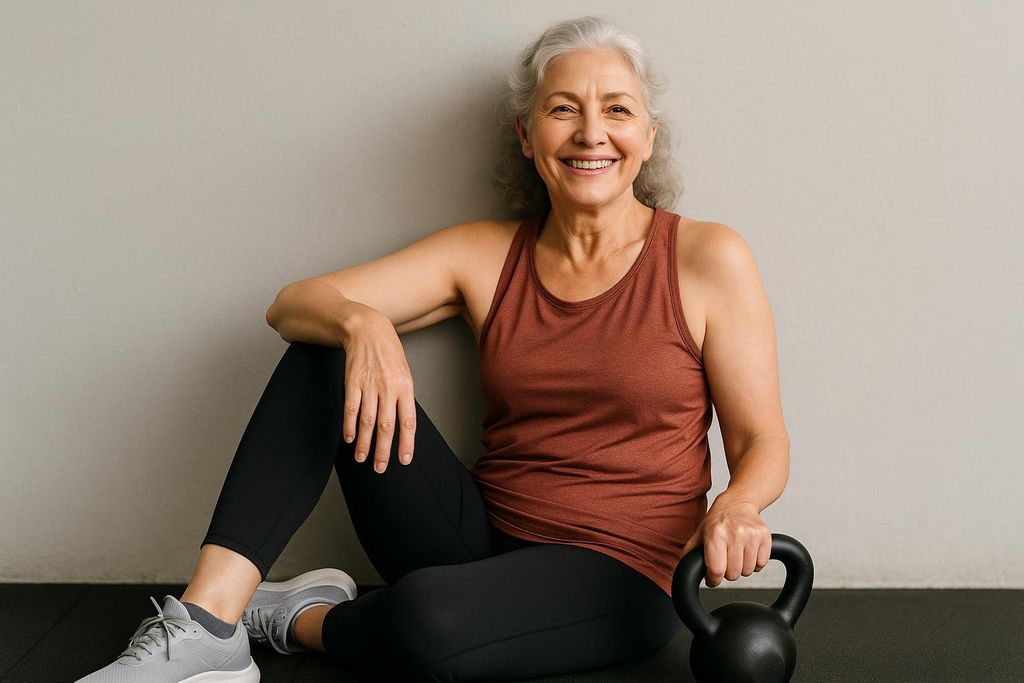 A smiling mature woman with gray hair, wearing a terracotta tank top and black leggings, sitting on a gym floor with a kettlebell to her right.