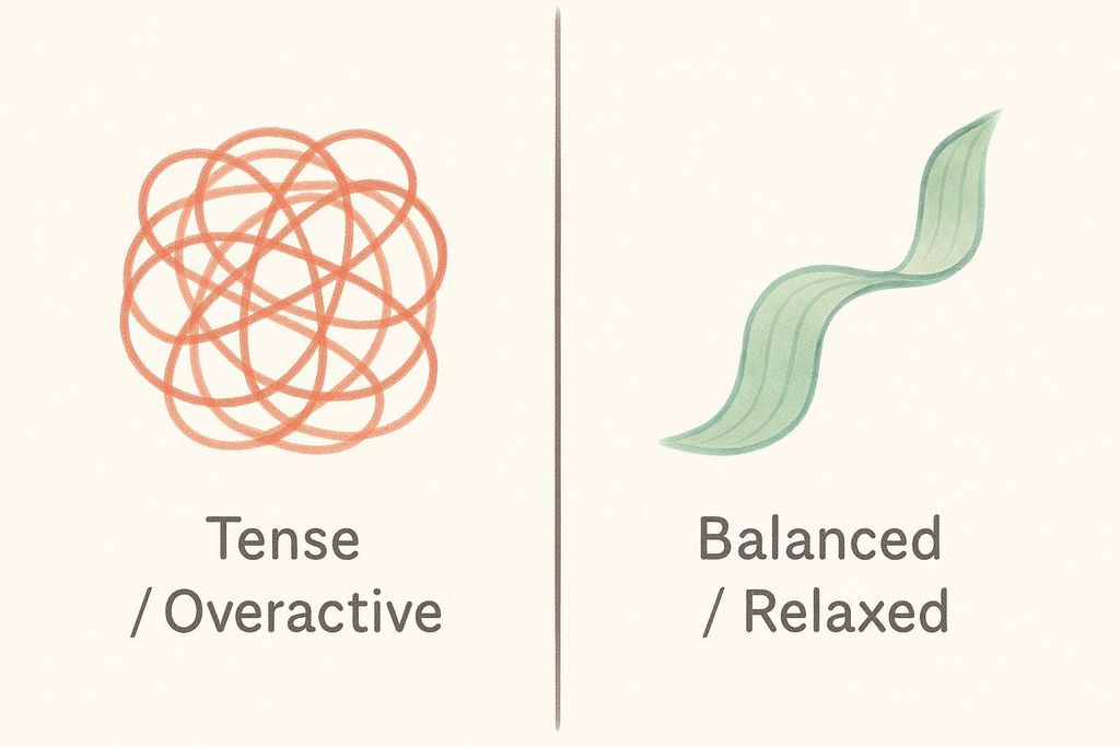 An illustration comparing a tangled, orange shape labeled 'Tense / Overactive' on the left, to a smooth, flowing green ribbon-like shape labeled 'Balanced / Relaxed' on the right, separated by a vertical line.