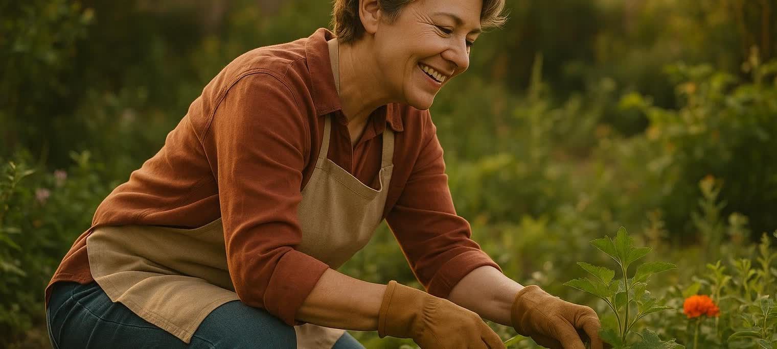 A smiling woman wearing a rust-colored shirt and a beige apron is shown from the waist up, kneeling and gardening. She is wearing brown gloves and tending to green plants in a garden setting, with blurry green foliage in the background and a single orange flower visible. Her expression is joyful and relaxed.