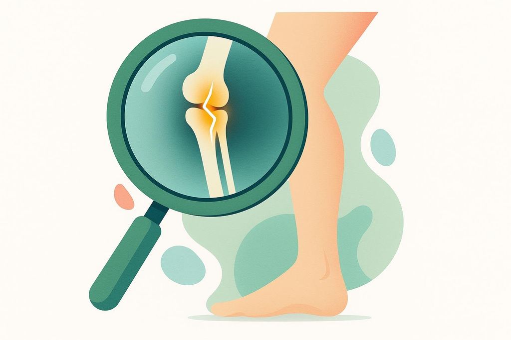 An illustration showing a magnifying glass over a human leg, revealing a crack in the bone structure, suggesting a fracture.