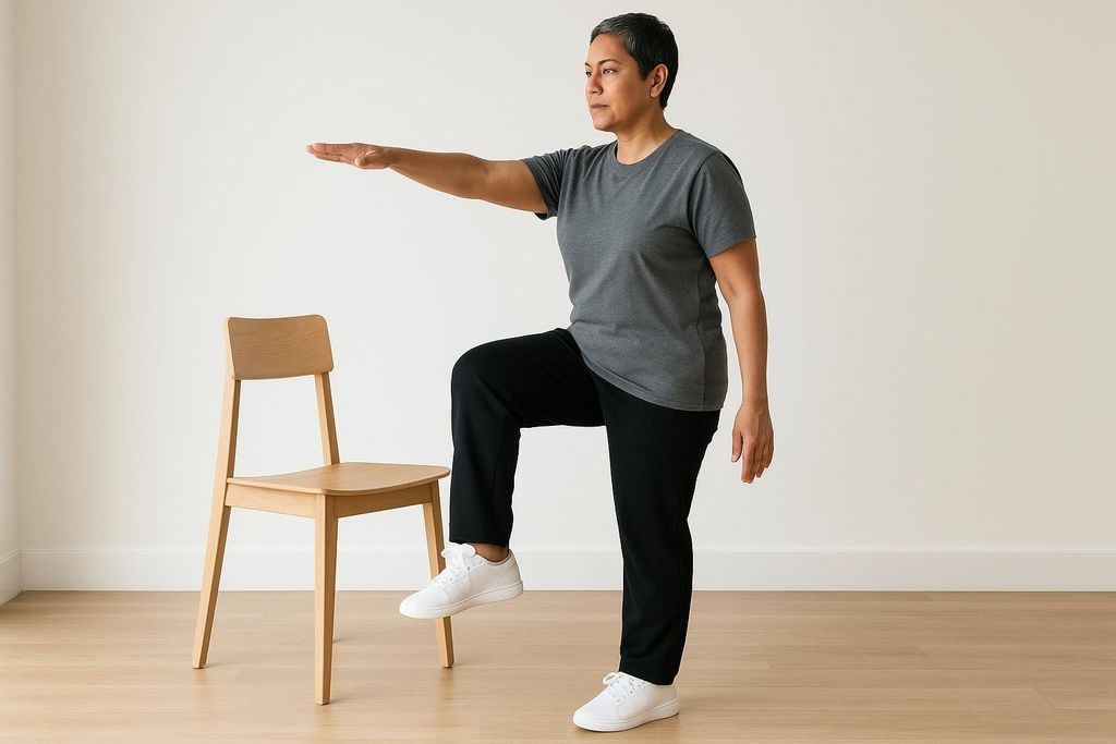 A woman uses a chair for support while performing a balance exercise on one leg.
