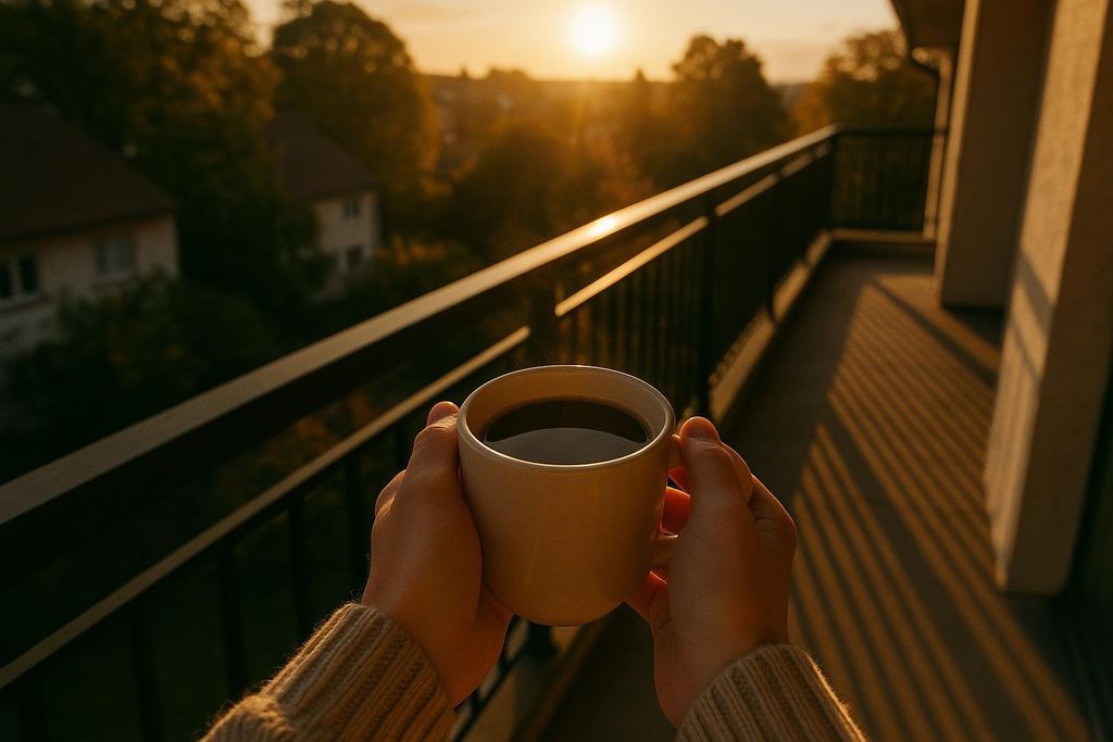 A close-up of hands holding a cup of steaming coffee on a balcony during sunrise, with golden light illuminating the background.