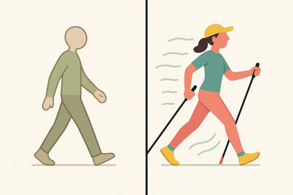 Illustration comparing a regular walker to a Nordic walker. The regular walker is a simple, monochromatic figure, while the Nordic walker is a colorful woman using poles, depicted with motion lines to show increased energy and activity.
