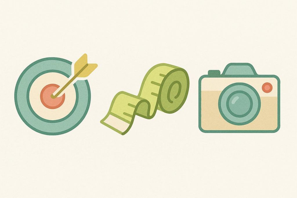Three flat-style icons representing progress tracking methods. From left to right: a target with an arrow in the center, a measuring tape, and a camera.