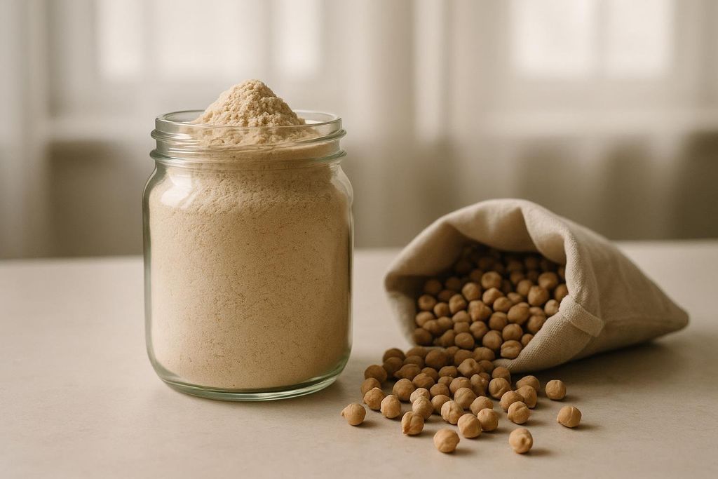 A glass jar filled with chickpea protein powder, piled high, sits next to a small linen bag from which whole raw chickpeas spill out onto a light-colored surface.