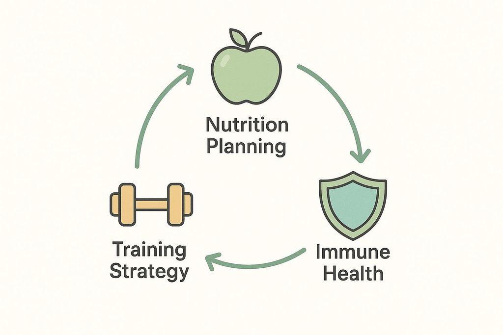 A diagram illustrating the cyclical relationship between Nutrition Planning (represented by an apple), Immune Health (represented by a shield), and Training Strategy (represented by a dumbbell), with arrows indicating that each factor influences the next in a continuous loop.