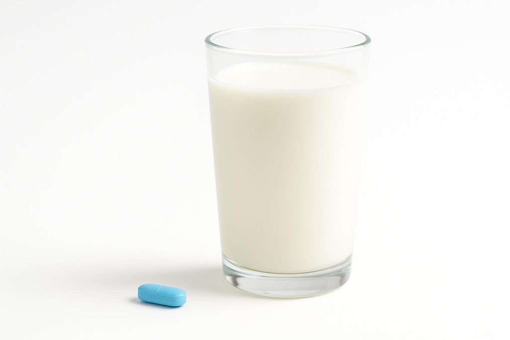 A lactase enzyme pill, light blue and oval-shaped, sits next to a clear glass of milk on a plain white background. This image illustrates a common solution for lactose intolerance.