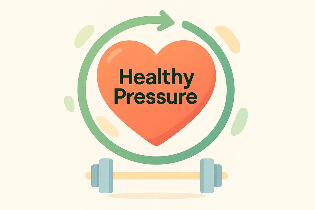 An illustration of a red heart with the text 'Healthy Pressure' encircled by a green arrow, above a barbell. This represents the connection between strength training and maintaining healthy blood pressure.