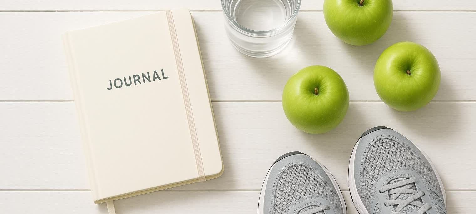 A flat lay image on a white wooden surface shows a beige journal, a glass of water, three green apples, and grey running shoes. These items are associated with a healthy lifestyle.