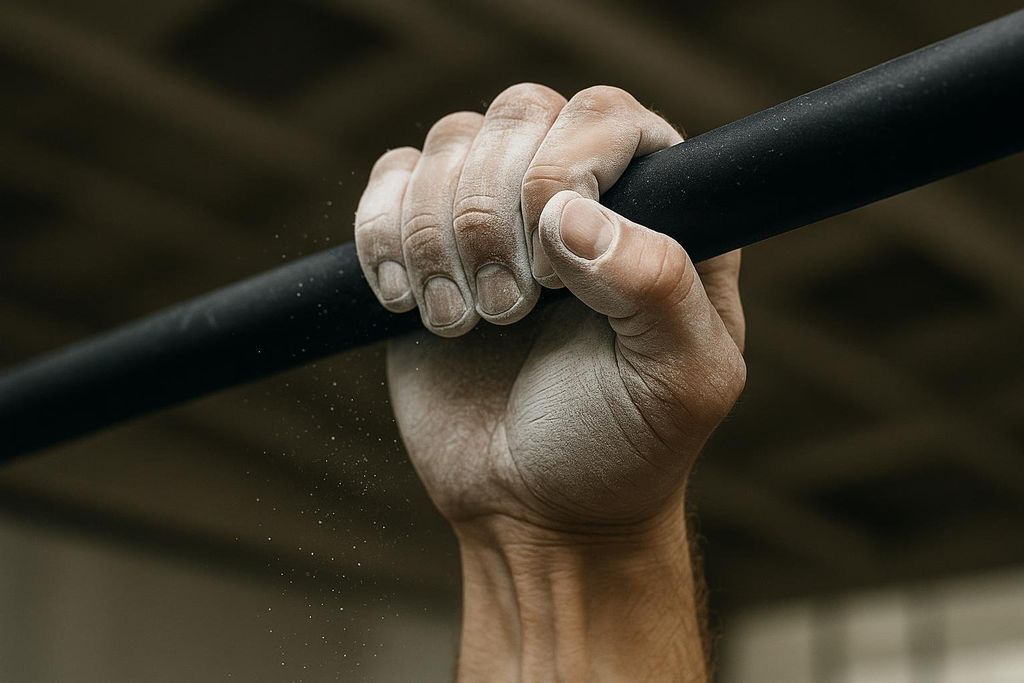 A close-up shot of a hand covered in chalk gripping a black pull-up bar, with some chalk dust in the air. The background is blurred and dark.