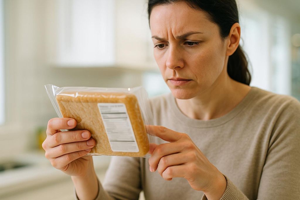 A woman with a furrowed brow intently reads the nutritional label on a package of food she is holding.