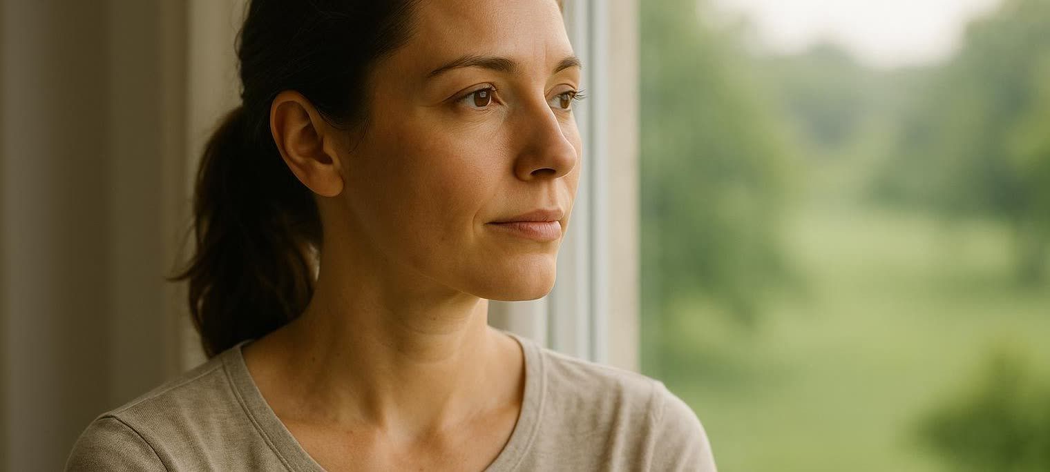 A woman with a calm, pensive expression looks out a window at a green landscape, possibly reflecting on her health or well-being.