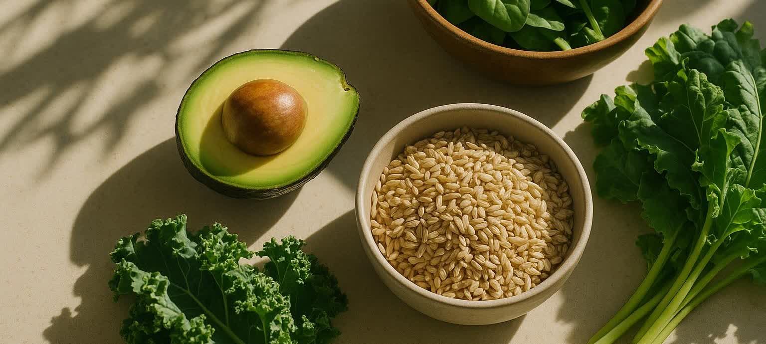 An overhead shot of healthy whole foods on a kitchen counter, including a cut avocado, a bowl of grains, loose kale leaves, and a bowl of spinach, all bathed in soft sunlight and shadows.