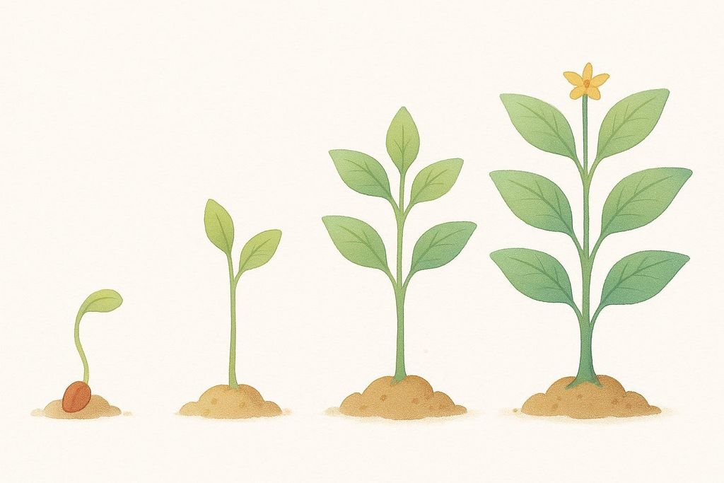 An illustration depicting four stages of plant growth, from a seed sprouting to a mature plant with a flower, against a light background. This image symbolizes development or a gradual plan.