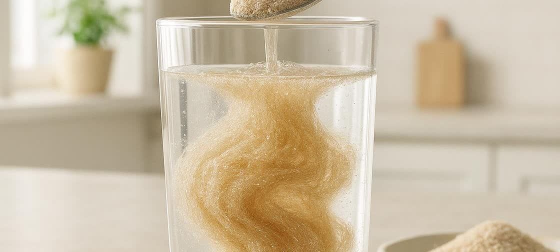 A close-up shot of psyllium fiber being poured into a glass of water, forming a thick, light brown gel as it absorbs the water.
