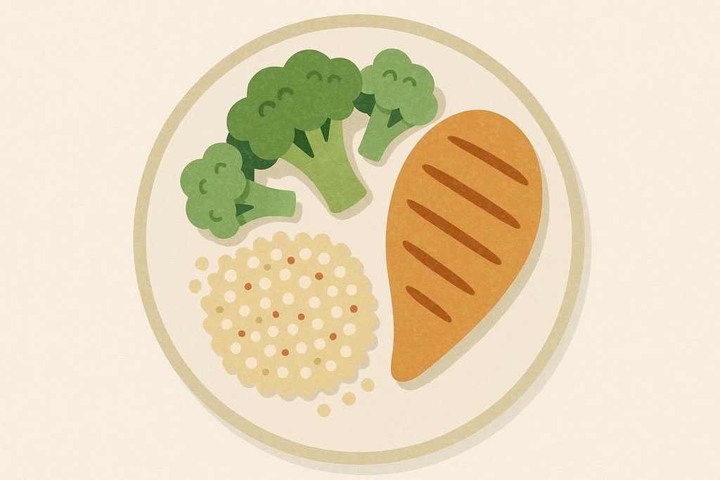 An illustration of a balanced meal plate from a top-down view, featuring grilled chicken, broccoli florets, and a serving of quinoa. The background is a plain, light beige color.