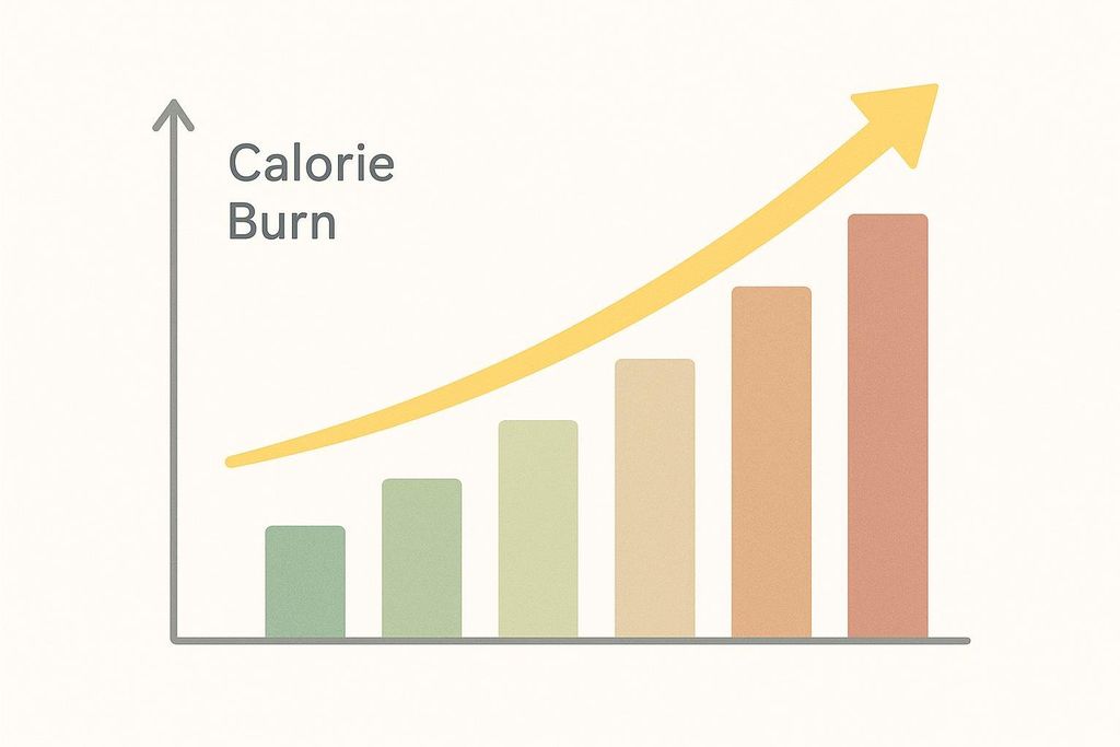 A stylized bar chart showing five increasing bars from left to right, representing an increase in calorie burn, along with an upward curving arrow pointing from left to right, further illustrating the upward trend.