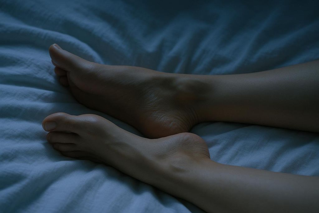 Close-up of bare feet completely relaxed on white bedsheets in moonlight. The light casts soft shadows, creating a serene and peaceful atmosphere.