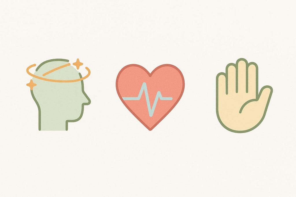 Icons representing symptoms: a silhouette of a head with stars around it for dizziness, a heart with a heartbeat line for palpitations, and an open hand with fingers together symbolizing stopping an activity.