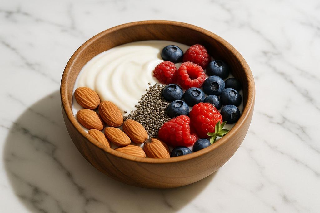 A wooden bowl filled with white yogurt, topped with fresh blueberries, raspberries, whole almonds, and a sprinkle of chia seeds, set on a white marble surface.